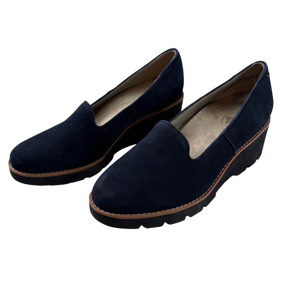 Comfort Wedge Loafers Navy Suede Slip On Lug Sole Casual Shoes Size 9